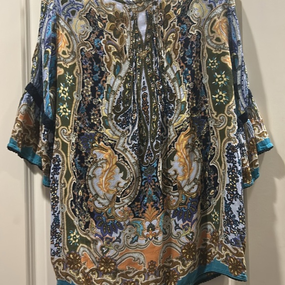 Bila Floral cold shoulder detail trim Top Blouse trumpet sleeves Boho Gauzy L - Picture 3 of 8